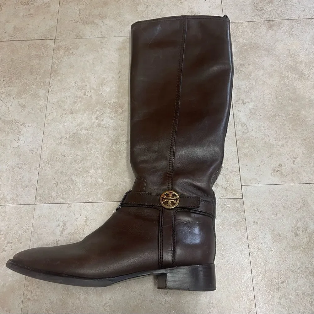 Tory Burch- Brown Bristol Leather Riding Boot with Gold Hardware, Sz 6.5